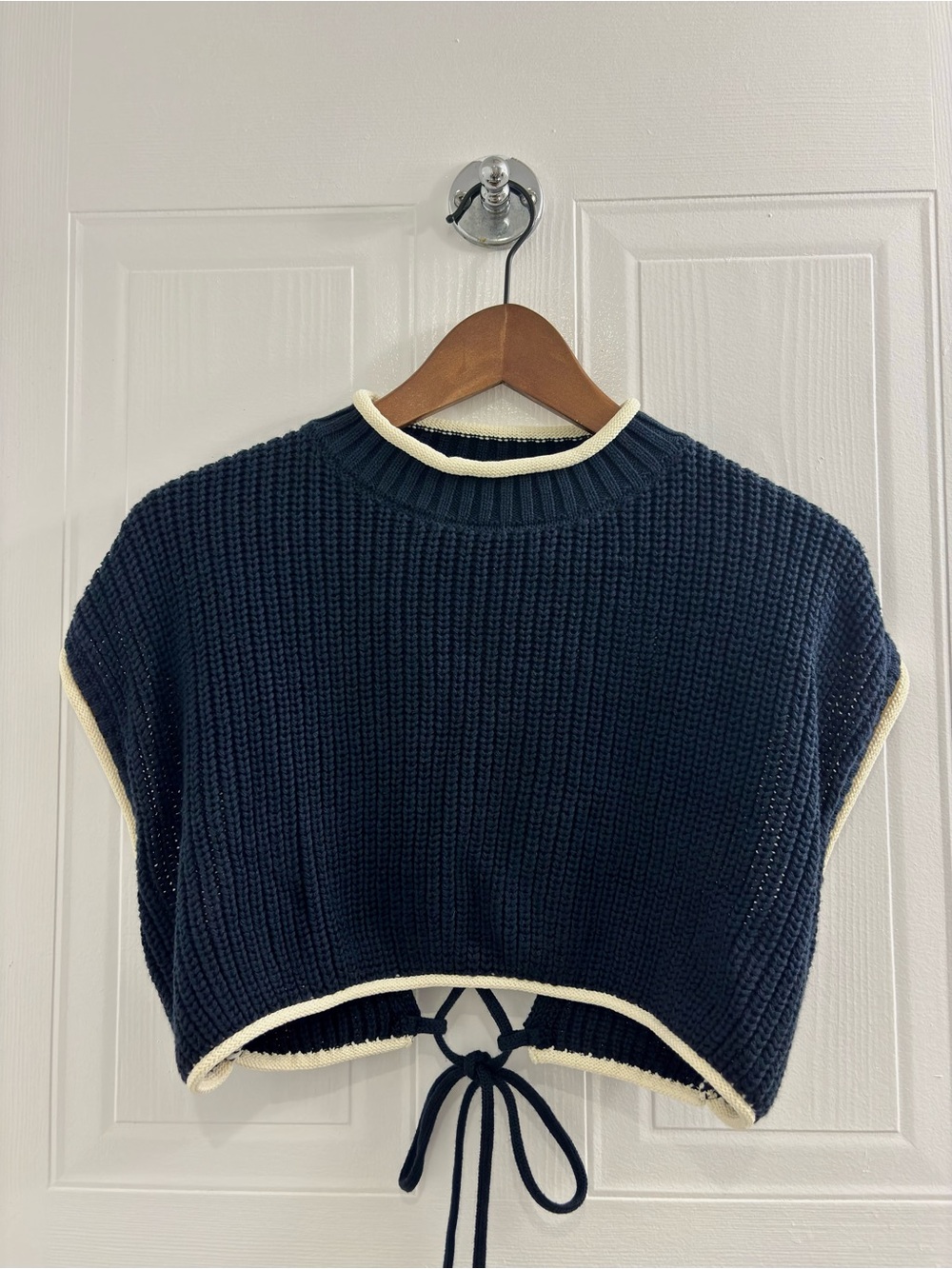 Zara Navy Cropped Backless Knit Sweater Vest with Cream Trim